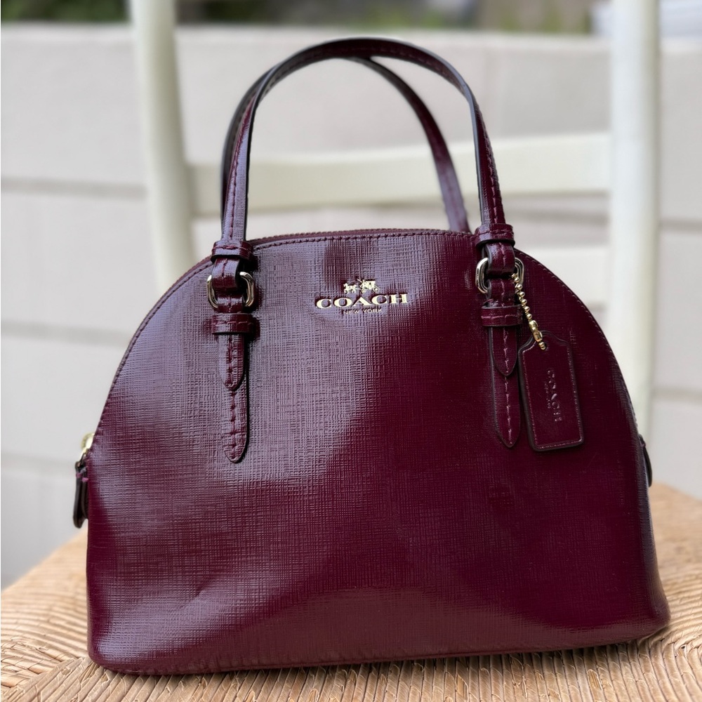 Coach Peyton Cora Satchel in Glossy Burgundy Saffiano Leather